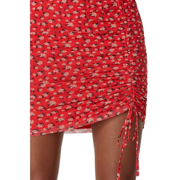 Louna Red Floral Print Mesh Ruched Short Sleeve Scoop Neck Mini Dress Size M - Picture 7 of 13